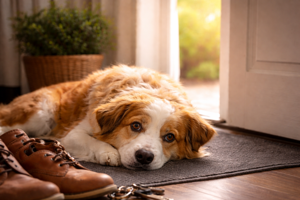 dog with separation anxiety lying by the front door 
waiting for owner to come home