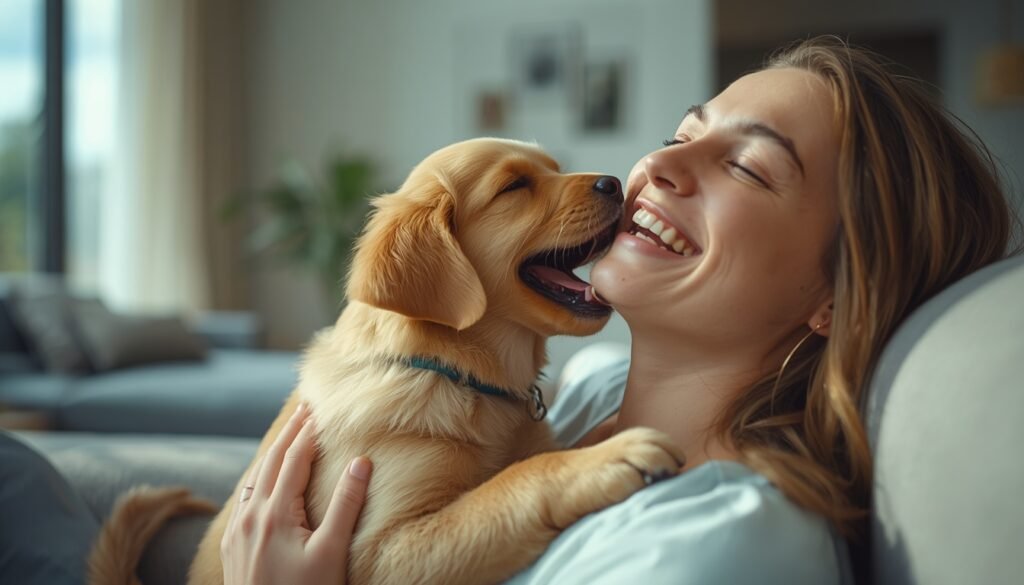 Happy Golden Retriever puppy licking owner's face in a bright modern living room - Why dogs lick humans.