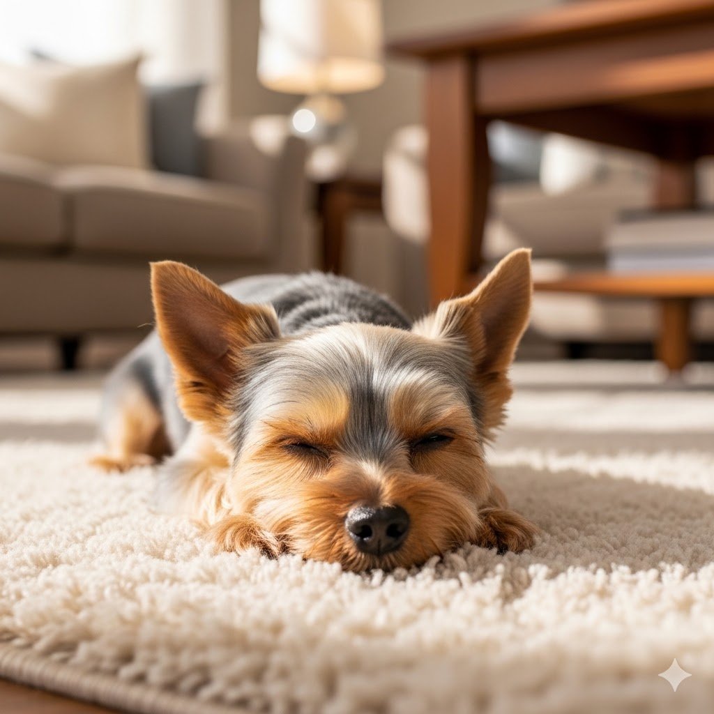 Why do dogs lick you? A relaxed Yorkshire Terrier lying on a rug showing calm behavior