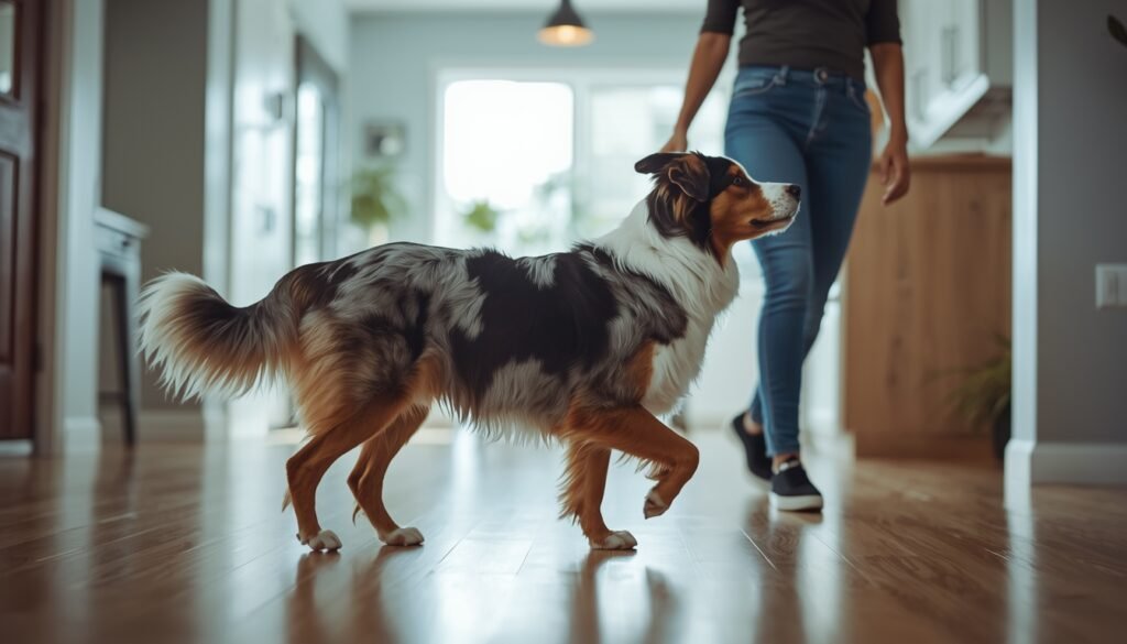 australian shepherd following owner inside house