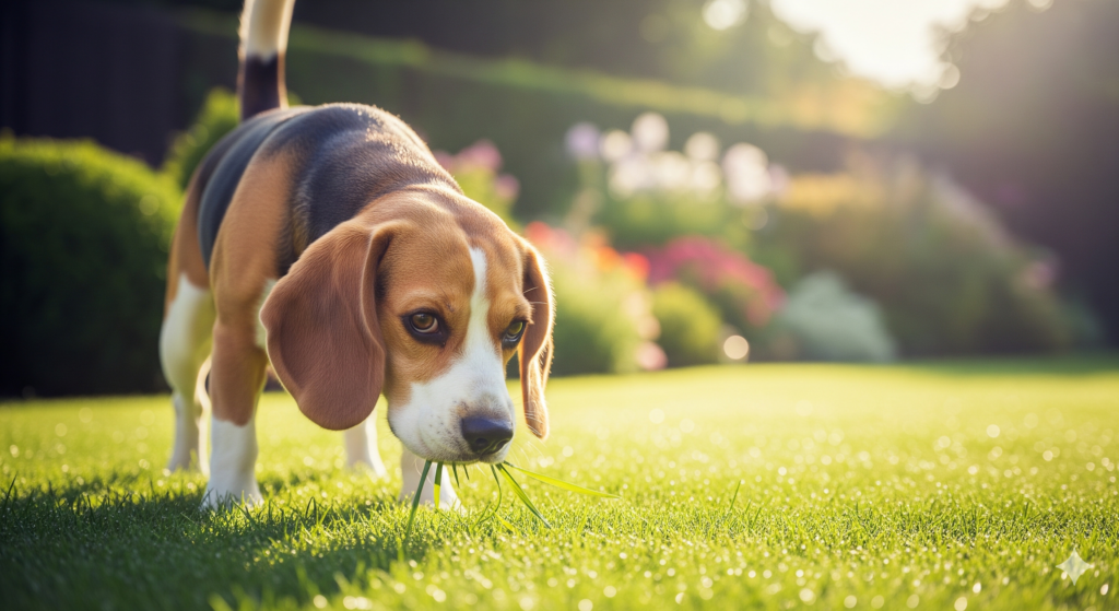 Why Do Dogs Eat Grass? Is It Normal or a Sign of Something Else? A cute beagle dog eating green grass in a sunny garden.