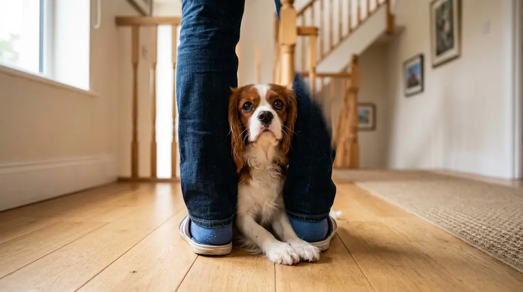 A loyal dog sitting right behind owner's legs inside the house showing why dogs follow you everywhere