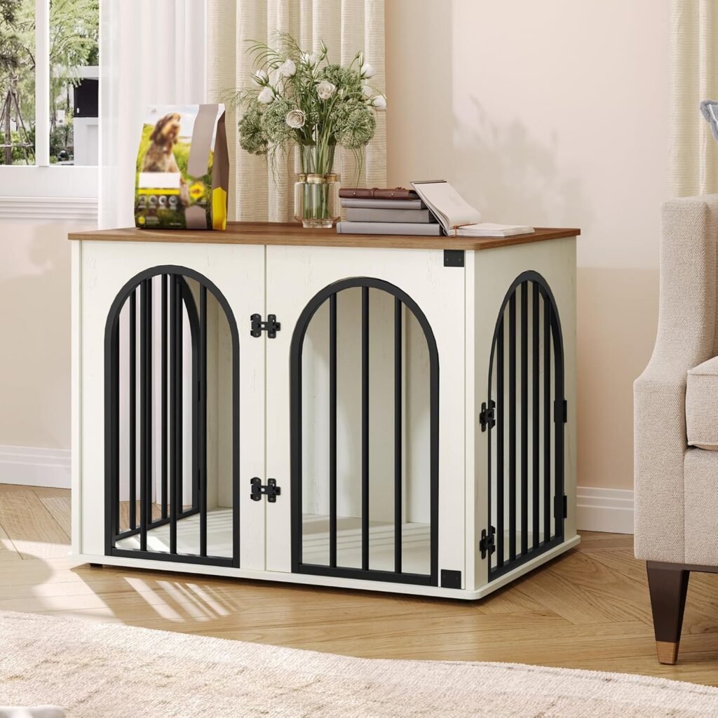 Hzuaneri elegant white and brown wooden dog crate with arched windows next to a living room sofa