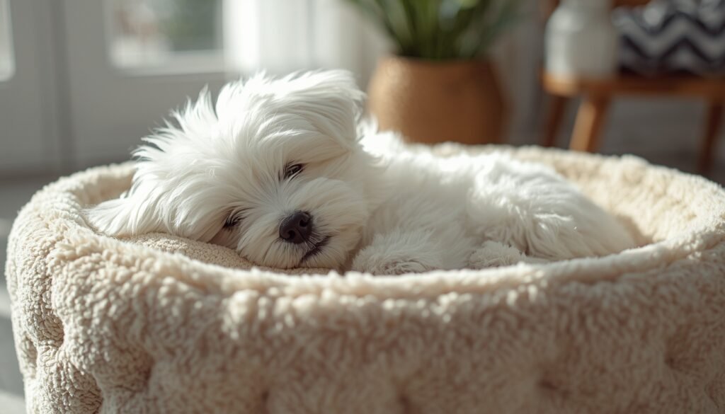 a peaceful puppy in its bed