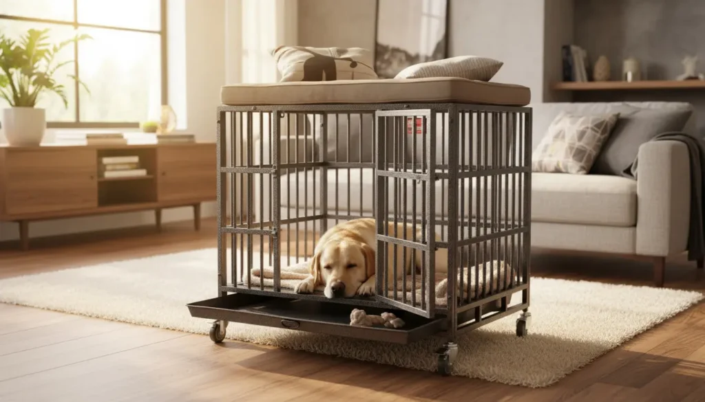 A calm Golden Retriever resting peacefully inside the ProSelect Empire, considered by many the best dog crate for separation anxiety, styled in a warm living room.