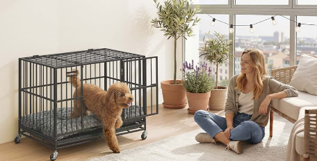 Happy dog relaxing next to a heavy duty crate