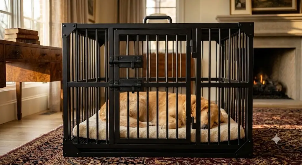 A calm Golden Retriever sleeping peacefully inside a secure, black heavy-duty dog crate. The crate sits on a Persian rug in a cozy living room with a fireplace, illustrating a safe haven for dogs with separation anxiety.