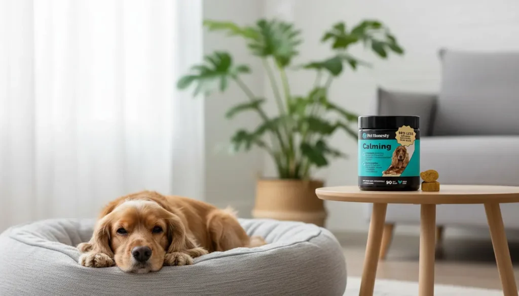 A calm Cocker Spaniel relaxing peacefully on a comfortable dog bed next to a jar of Pet Honesty Calming Chews, the best natural treats for hyperactive dogs