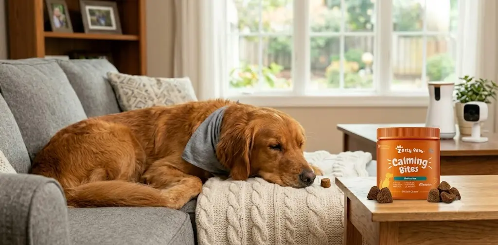 A relaxed Golden Retriever resting peacefully on a couch next to a jar of Zesty Paws, the best calming treats for dogs.