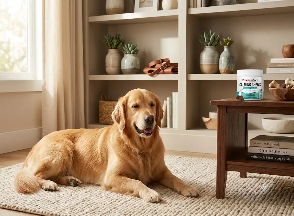 A calm dog relaxing by the front door next to a jar of Premium Care Calming Chews, the perfect solution for dog separation anxiety.