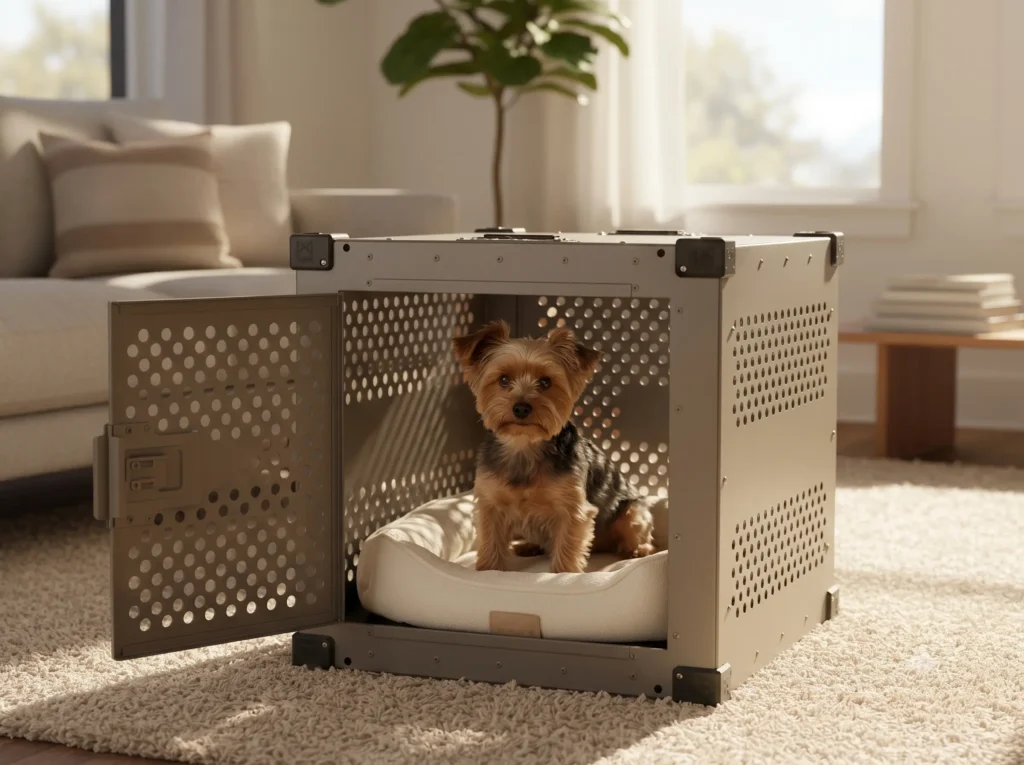 A sweet Yorkshire Terrier sitting safely inside the Impact High-Anxiety crate, widely known as the overall best dog crate for separation anxiety, in a warm and cozy living room.