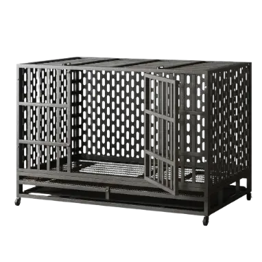 The empty Hiwokk heavy-duty dog crate showcasing its modern patterned panels, paw-safe grid floor, and lockable caster wheels.