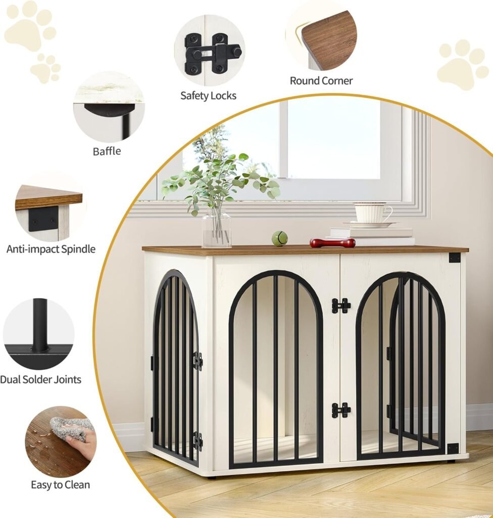 Hzuaneri dog crate furniture technical details including safety locks and easy to clean surface