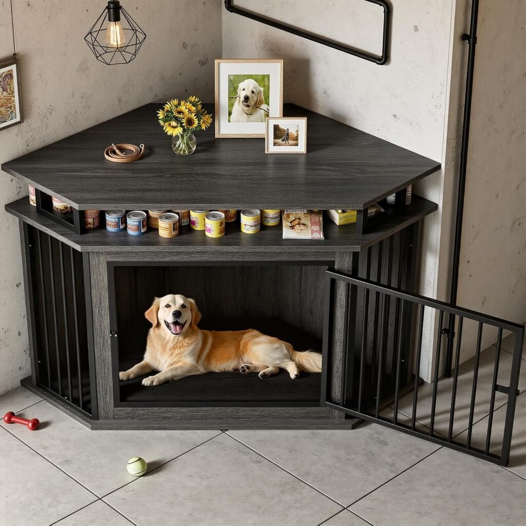 IRONCK 52 inch corner dog crate furniture with a golden retriever inside a modern living room