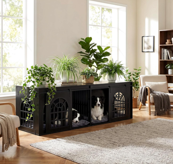 IRONCK 90 inch large black double dog crate furniture styled with house plants as a luxury living room credenza