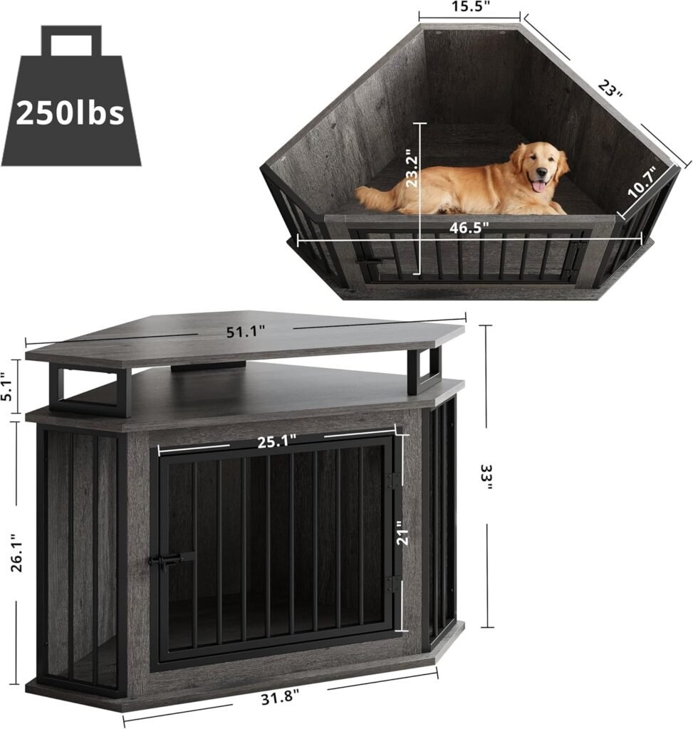 IRONCK corner dog crate furniture dimension diagram in inches showing 250 lbs weight capacity