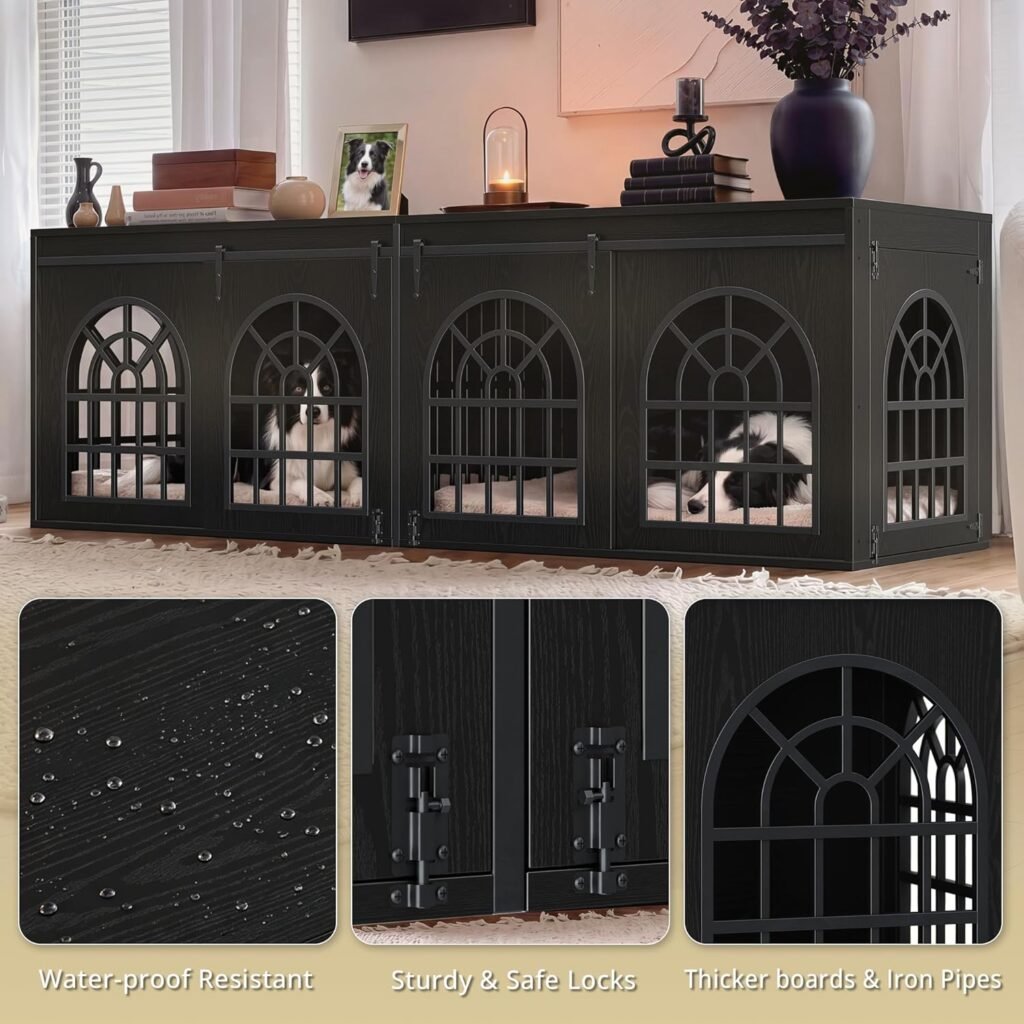 Close up view of IRONCK black dog crate furniture showing waterproof surface and heavy duty safe locks