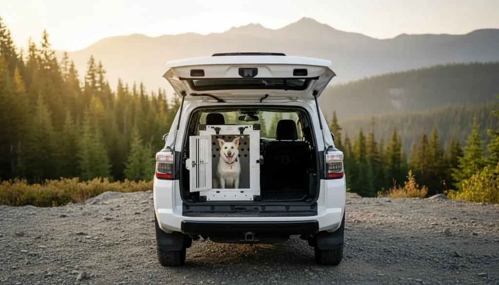 A calm white dog sitting securely inside the K9 Kennel Boss travel crate, the best dog crate for separation anxiety on the road, placed in the trunk of an SUV with a beautiful mountain background.