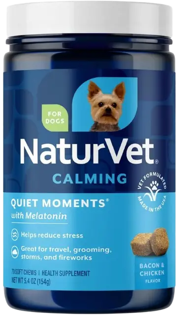 A pouch of NaturVet Quiet Moments soft chews for dogs with travel anxiety, displayed on a white background
