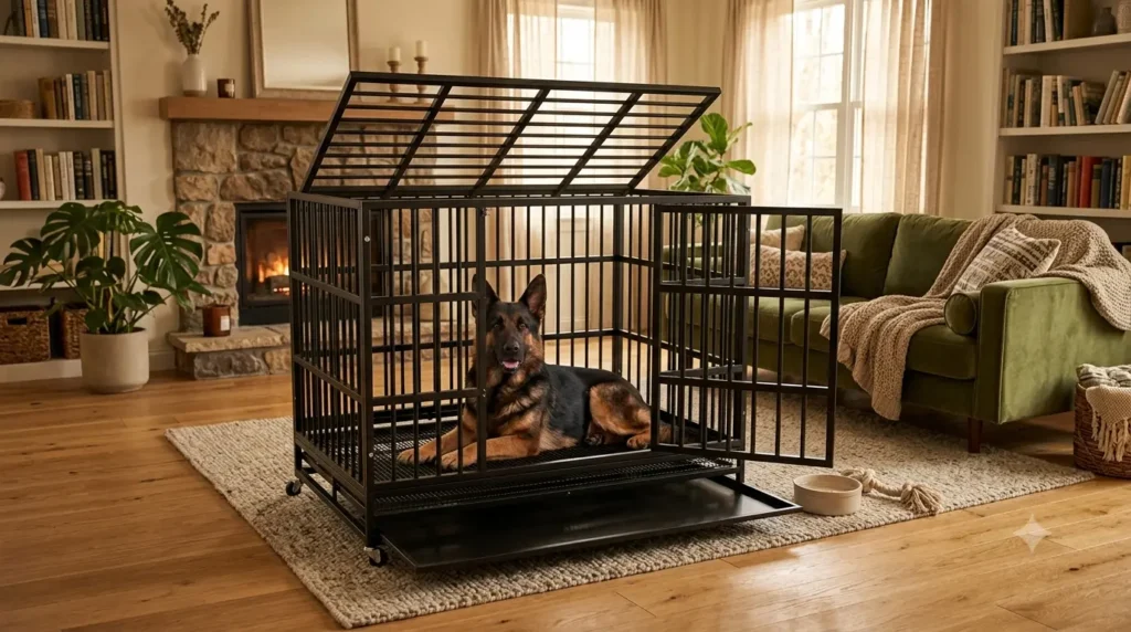 A calm German Shepherd resting inside the top-open Oranland heavy-duty crate, the best dog crate for separation anxiety, placed in a cozy and aesthetic living room.