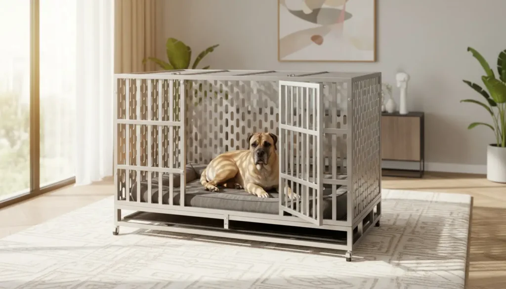 A dog resting peacefully inside the modern Hiwokk heavy-duty crate, the best dog crate for separation anxiety, placed in a beautifully decorated living room.