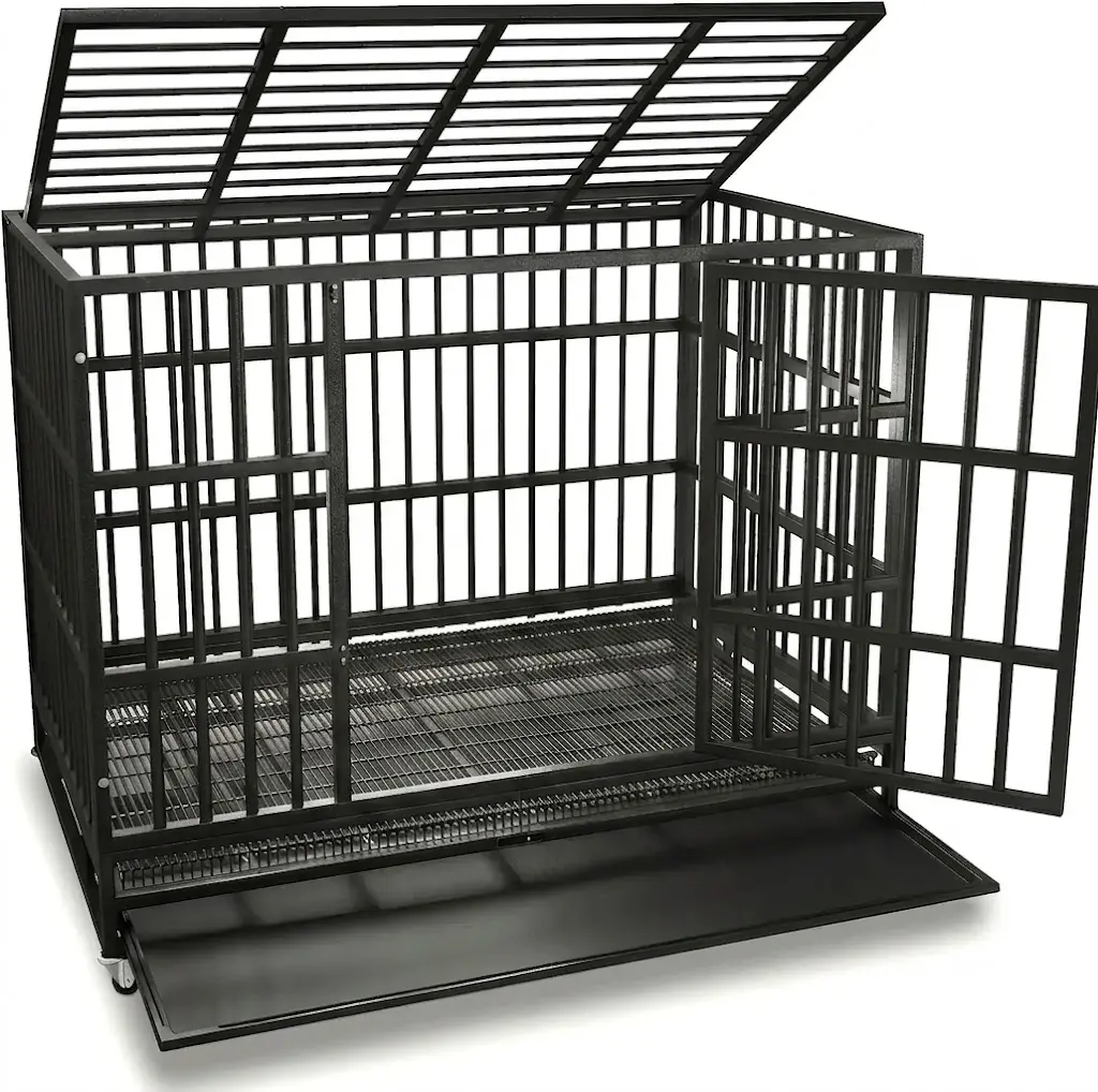 The empty Oranland heavy-duty indestructible dog crate showing the secure vertical steel bars, slide-out bottom tray, and top-open roof panel.