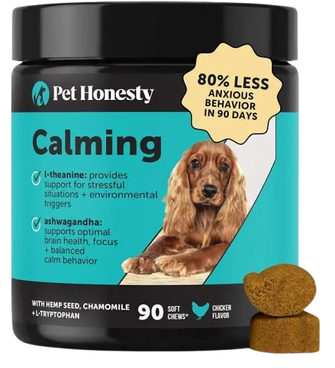 A jar of Pet Honesty Natural Hemp Calming Chews in chicken flavor, a top-rated supplement for hyperactive dogs, on a clean white background