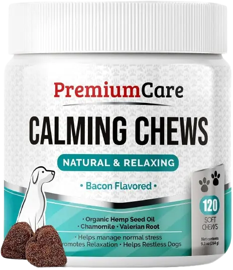 A white jar of Premium Care Calming Chews in bacon flavor containing 120 soft chews, isolated on a white background.