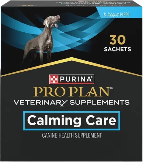 A box of Purina Pro Plan Calming Care containing 30 sachets on a clean white background.