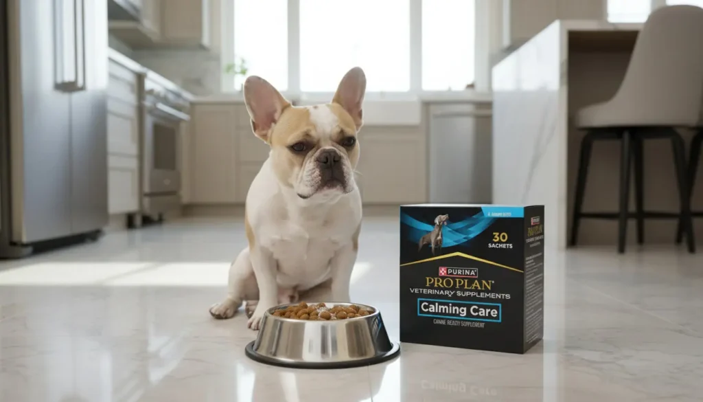 A box of Purina Pro Plan Veterinary Supplements Calming Care probiotic powder mixed into dog food, a science-backed solution for dog anxiety