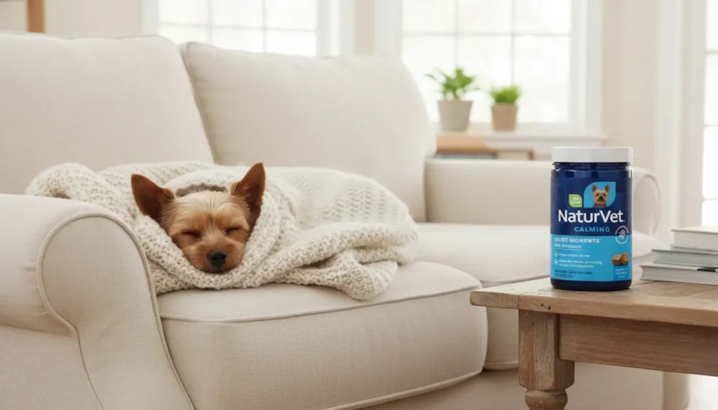 A peaceful Yorkshire Terrier sleeping deeply, wrapped tightly in a soft, cream-colored knitted blanket on a cozy sofa, next to a jar of NaturVet Quiet Moments, the best calming treats for dogs for travel anxiety