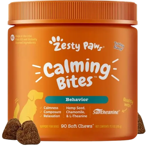 A jar of Zesty Paws turkey flavor soft chews, widely considered the best calming treats for dogs, on a clean white background.