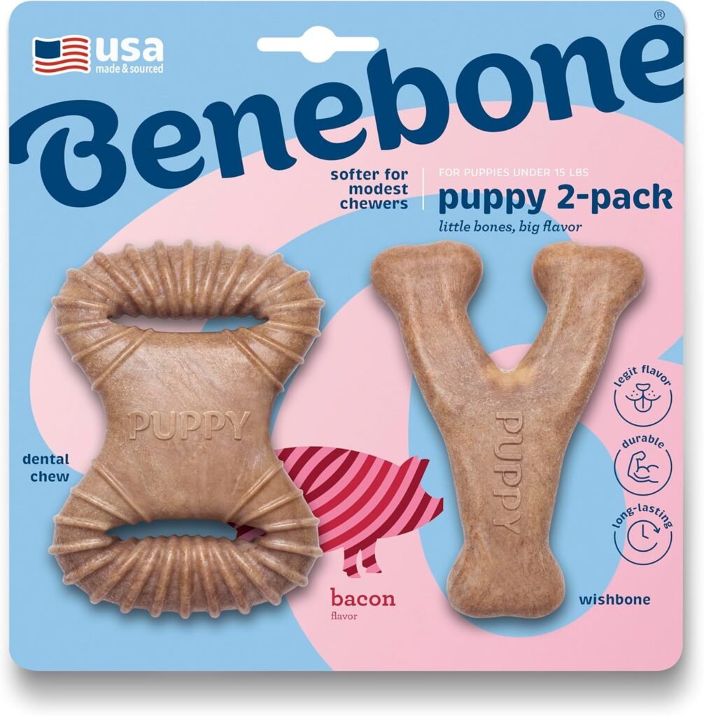 Official packaging of Benebone Puppy 2-Pack Dental Chew and Wishbone with real bacon flavor