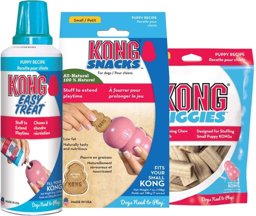 Step by step guide on how to stuff a pink KONG puppy toy with Easy Treat paste