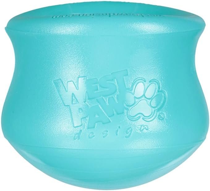 Teal blue WEST PAW Zogoflex Toppl interactive treat dispensing puzzle puppy toy