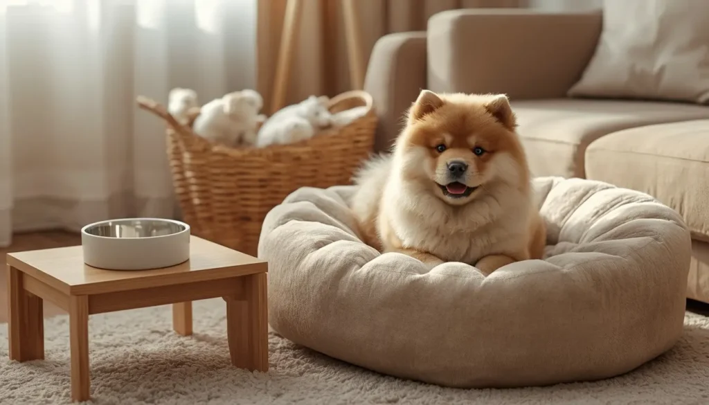 A beautifully styled modern living room pet corner with an aesthetic dog bed and elevated bowls
