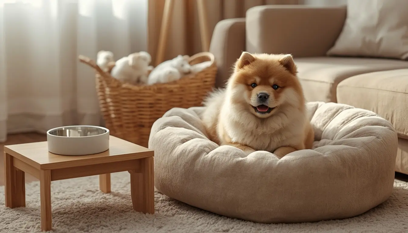 A beautifully styled modern living room pet corner with an aesthetic dog bed and elevated bowls