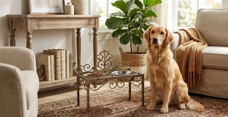Elegant vintage wrought iron elevated dog feeder stand with stainless steel bowls on a patterned rug in a rustic living room next to a Golden Retriever
