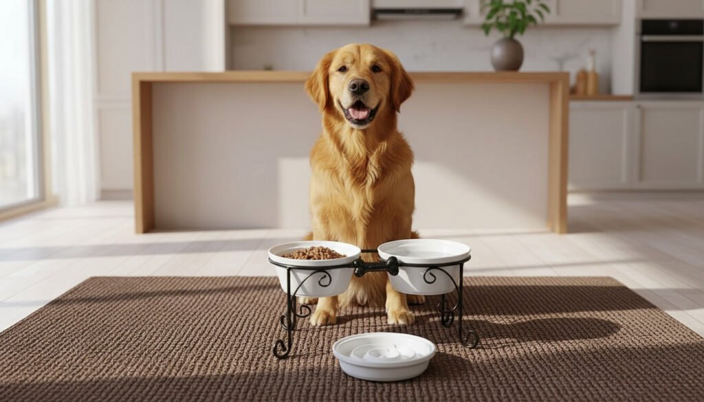 A happy Golden Retriever sitting behind an antique wrought iron elevated dog bowl stand with white ceramic bowls and a slow feeder bowl on a brown rug - aesthetic dog parent