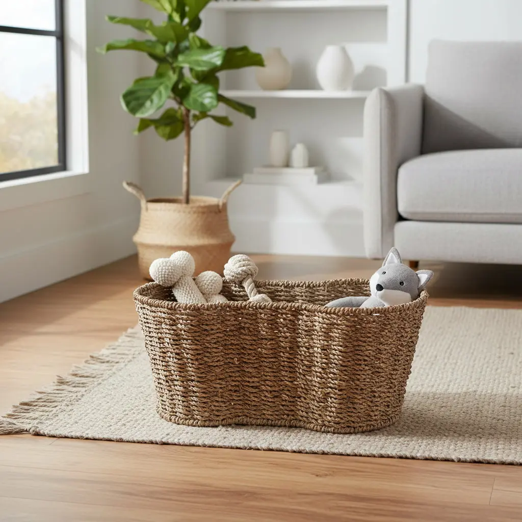 boho seagrass dog toy basket