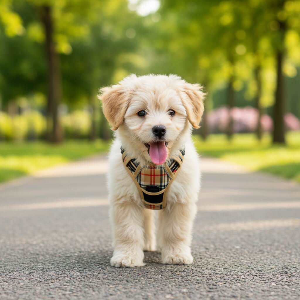 Why Does My Dog Make a Honking Noise? (4 Simple Ways to Stop It Fast) A happy small dog walking comfortably with an ergonomic throat friendly dog harness that bypasses the neck.