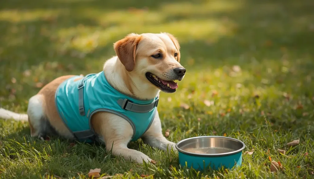 A happy dog wearing a blue cooling vest resting on green grass next to a water bowl, demonstrating essential dog summer safety.