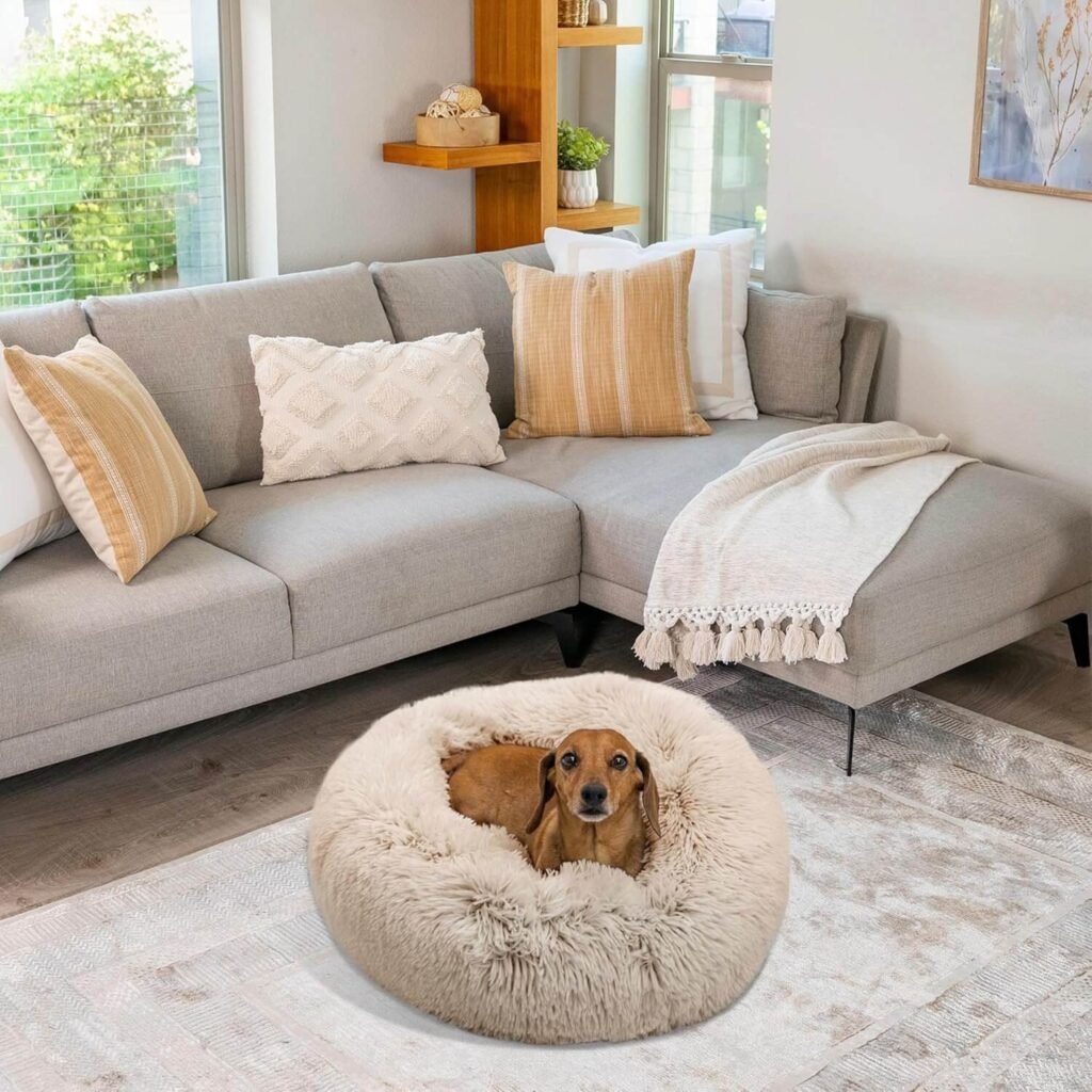 Fluffy beige calming donut dog bed on a living room floor