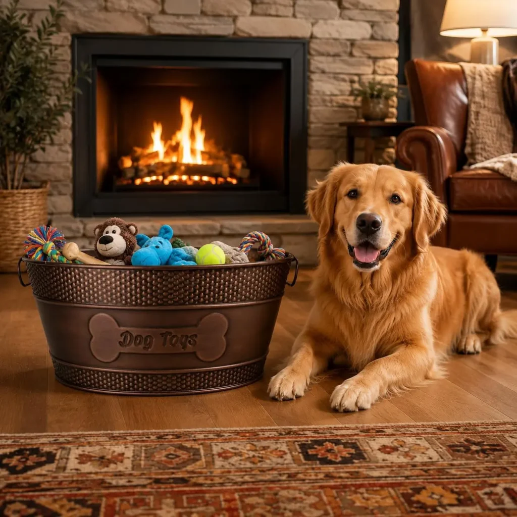 indestructible copper metal dog toy bin