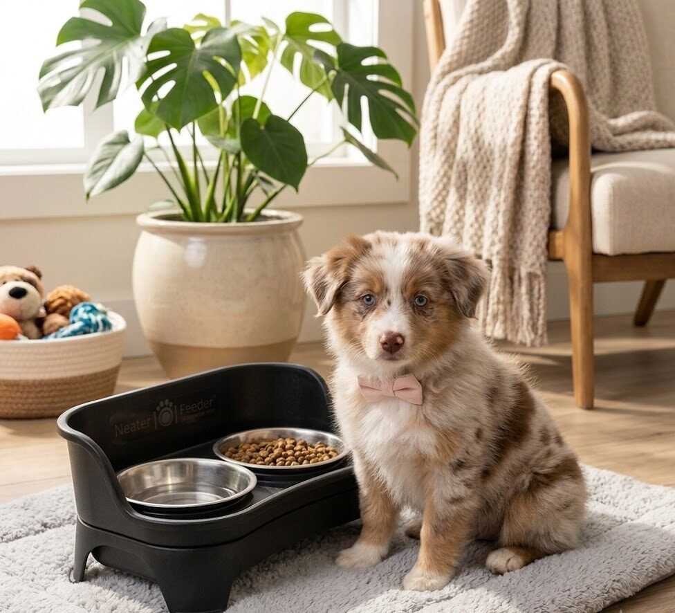 A fluffy mini Aussie puppy with a pink bow tie sitting next to a black elevated dog feeder on a gray rug