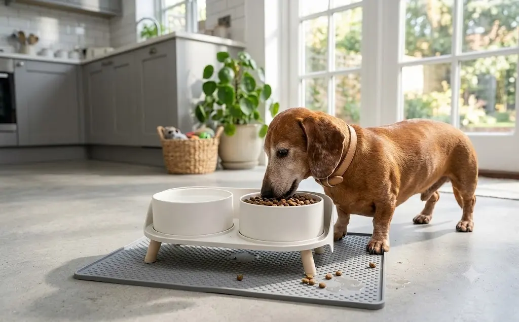 A cute Dachshund eating from a modern minimalist elevated white dog bowl stand with light wood legs on a gray mat in a bright kitchen
