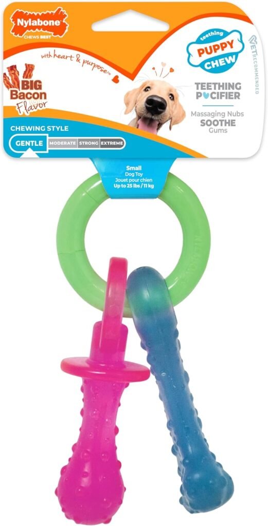Official retail packaging of Nylabone Puppy Pacifier teething chew toy with big bacon flavor