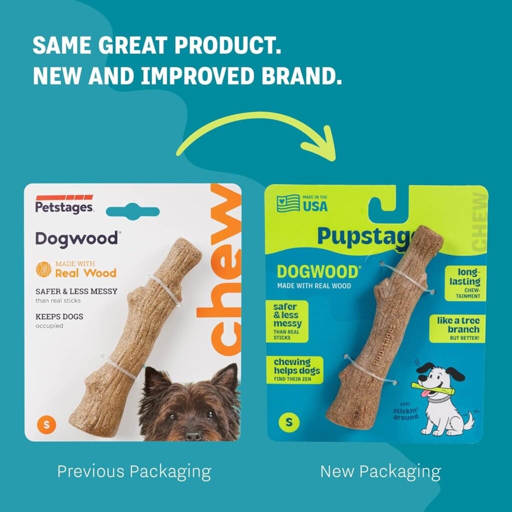 Comparison graphic showing previous Petstages Dogwood packaging versus the new Pupstages branding
