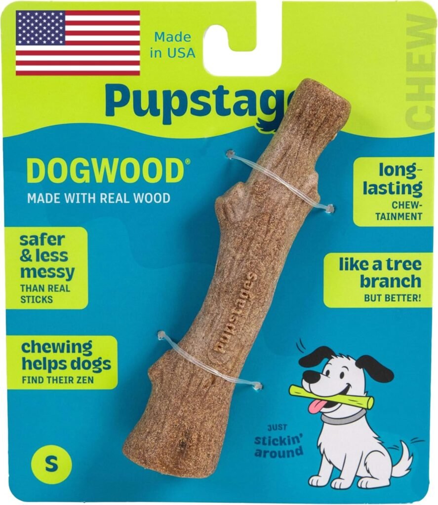 Pupstages Dogwood real wood blend puppy teething stick toy in its green and blue packaging