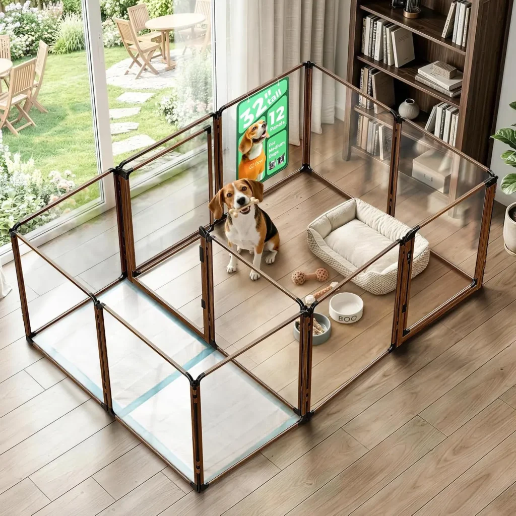Premium transparent acrylic dog playpen with walnut wood frame and a cute beagle puppy inside
